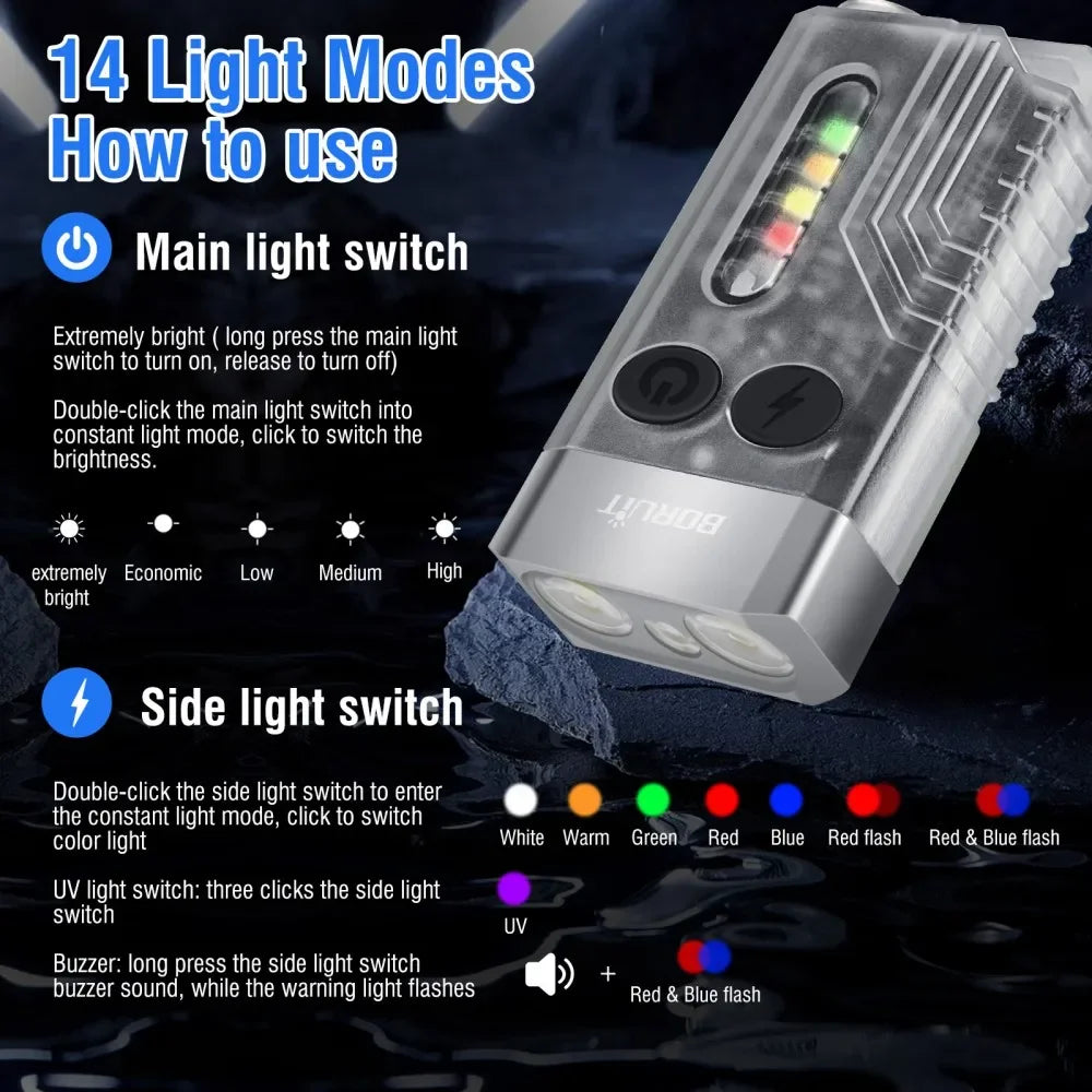 BORUiT V10 1000LM UV LED Keychain Flashlight Type-C Rechargeable EDC Keychain Flashlight Qst