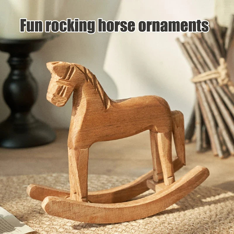 Wooden Rocking Horse Statue – Hand-Carved Figurine Decor Wood Figurine Decor Qme