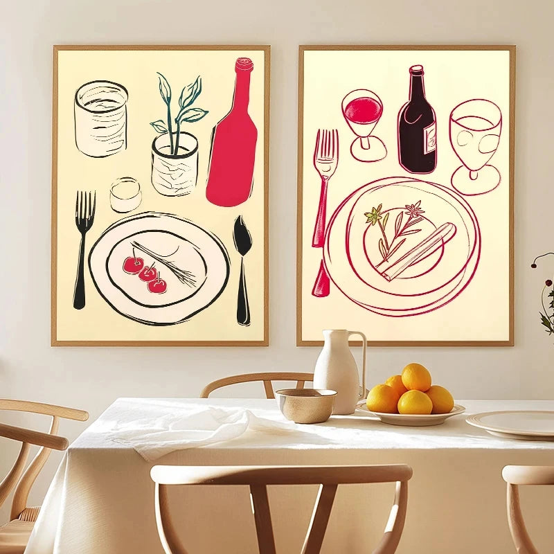 Retro Coffee Kitchen Canvas Wall Art – Mug & Croissant Poster Canvas Wall Art Qst