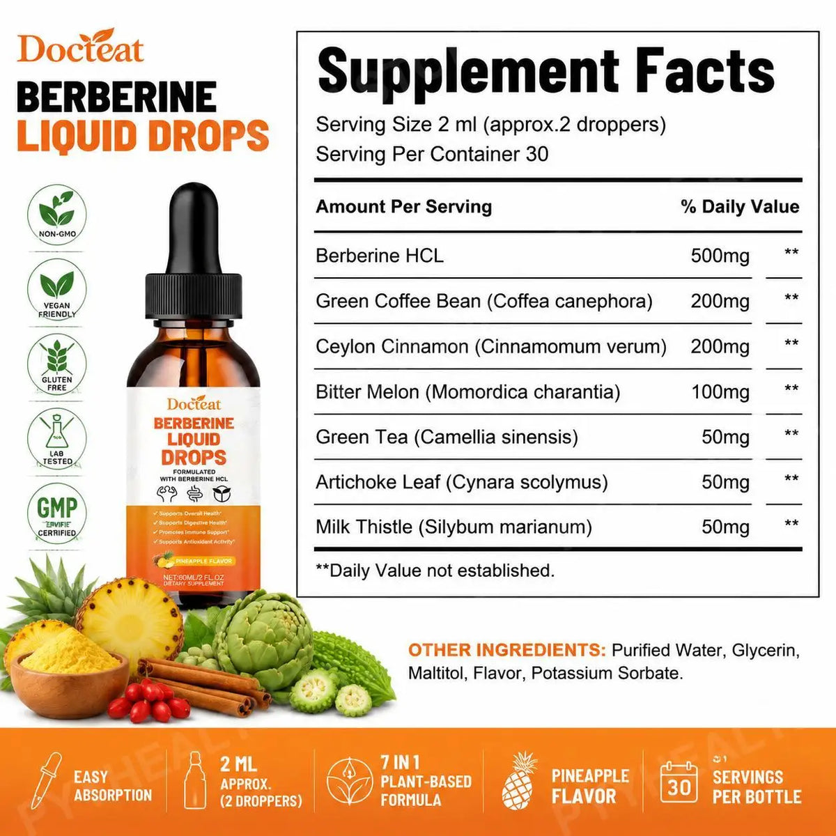 Docteat Berberine HCl Liquid Drops – Ceylon Cinnamon 60ml Liquid Supplement Drops Qst