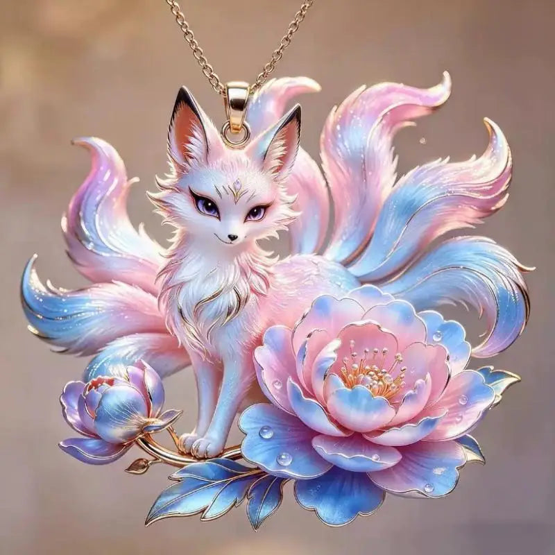 Nine Tailed Fox & Peony Pendant Necklace – Nickel-Free Gift Pendant Necklace Qst A1