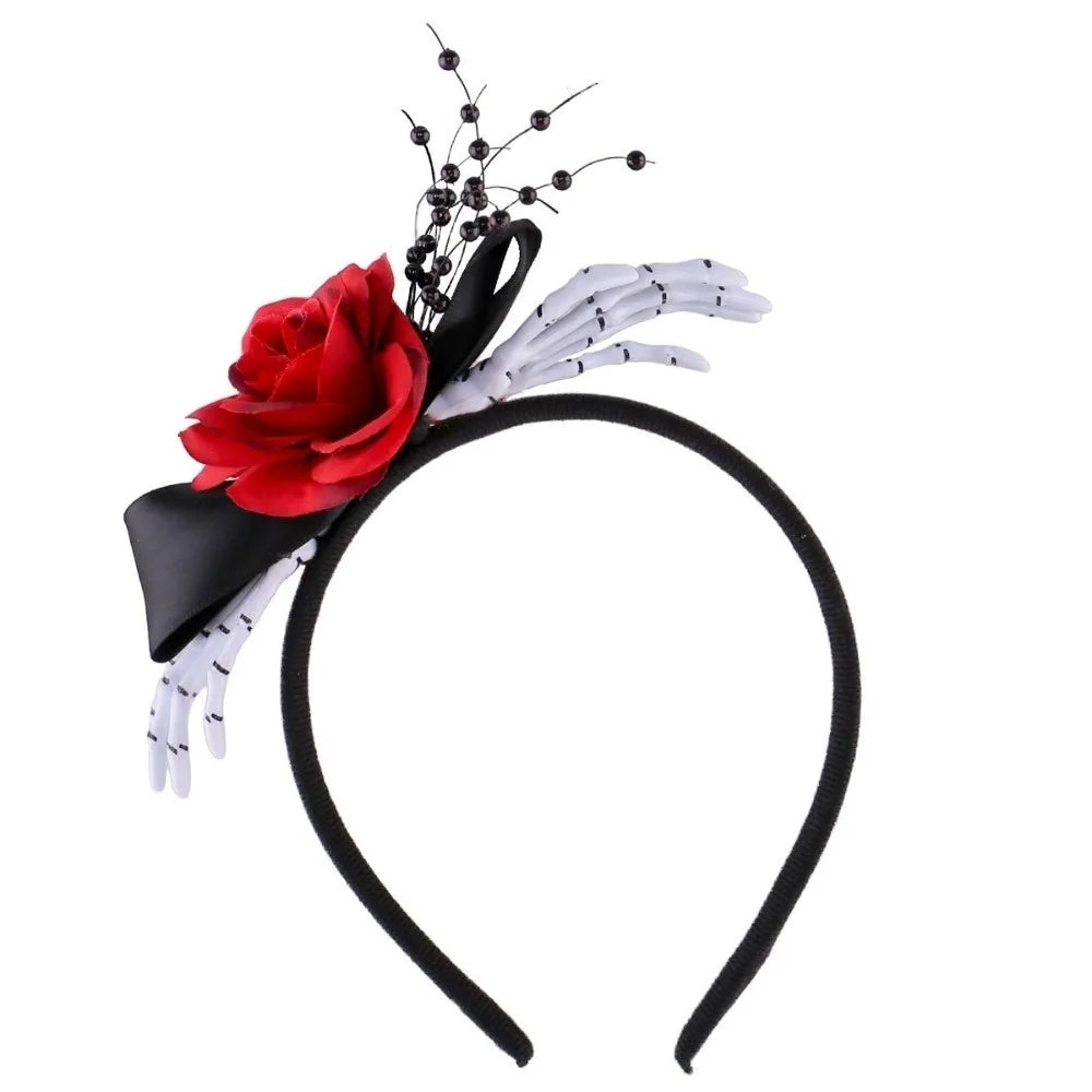 Red Rose Skeleton Hand Headband – Gothic Flower Hairband Halloween Headband Qme