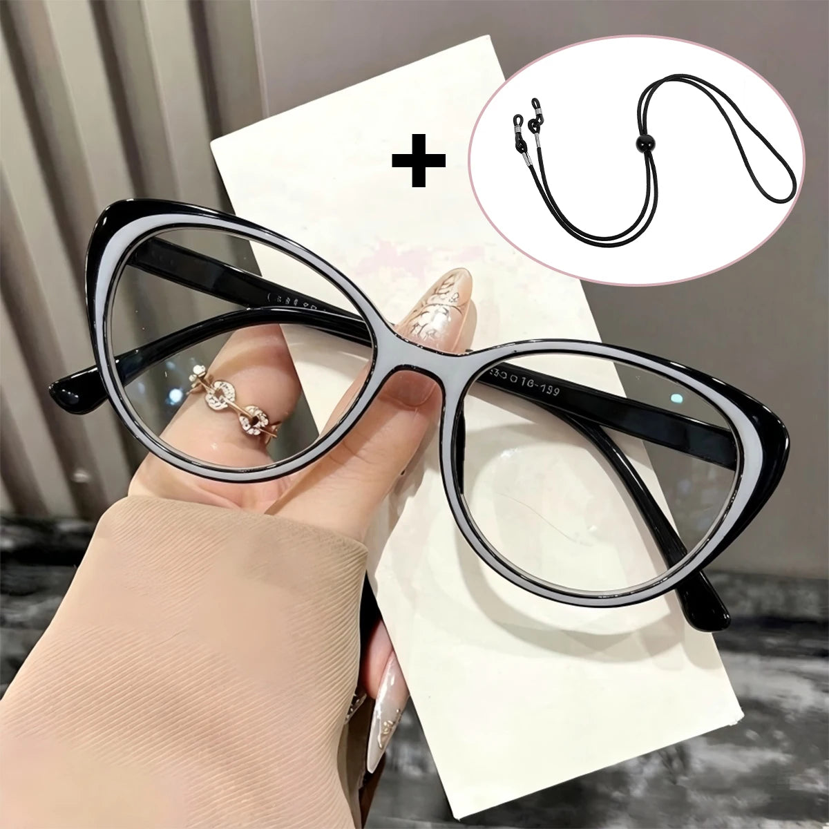 VOPHA Cat Eye Reading Glasses with Retainer Strap | L52 Cat Eye Reading Glasses Qst Black white +100