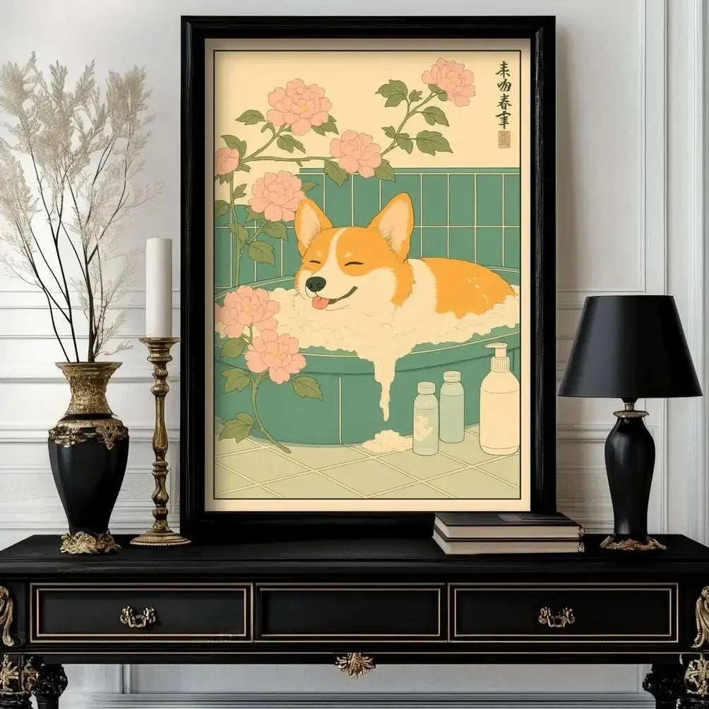 Ukiyo-e Corgi Bath Time Canvas Wall Art | Japanese Style Print Canvas Wall Art Qst TR262289 40x60cm Unframed
