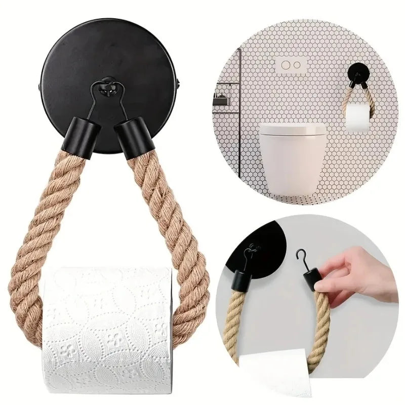 Retro Hemp Rope Toilet Paper Holder – No-Drill Wall Mount Toilet Paper Holder Qme