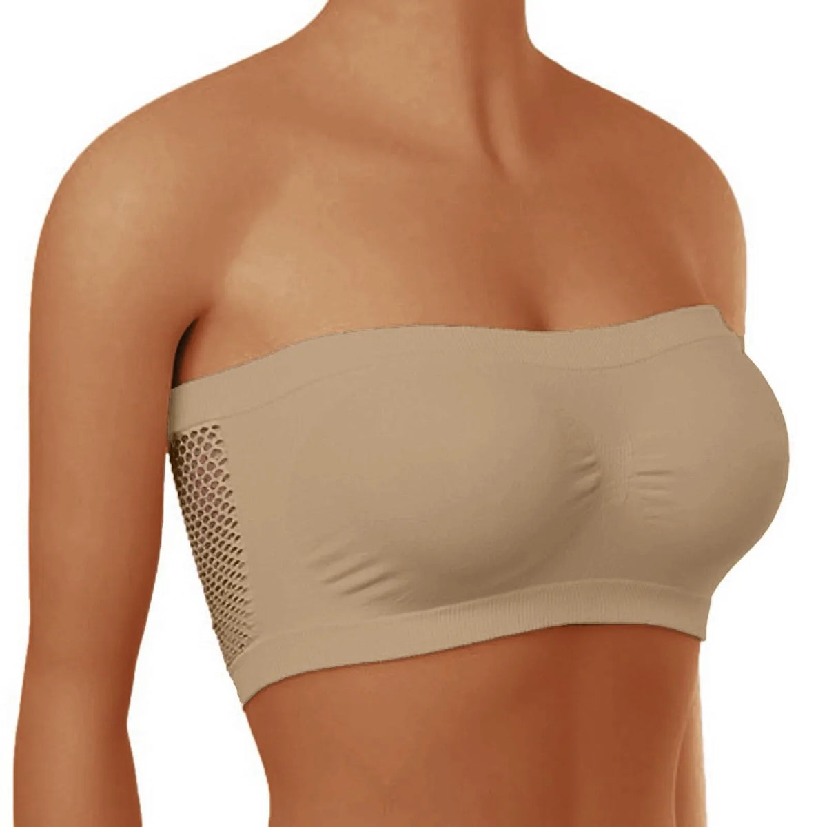Women's Seamless Strapless Bandeau Bra – Stretch Chest Wrap Strapless Bandeau Bra Qme Beige XL
