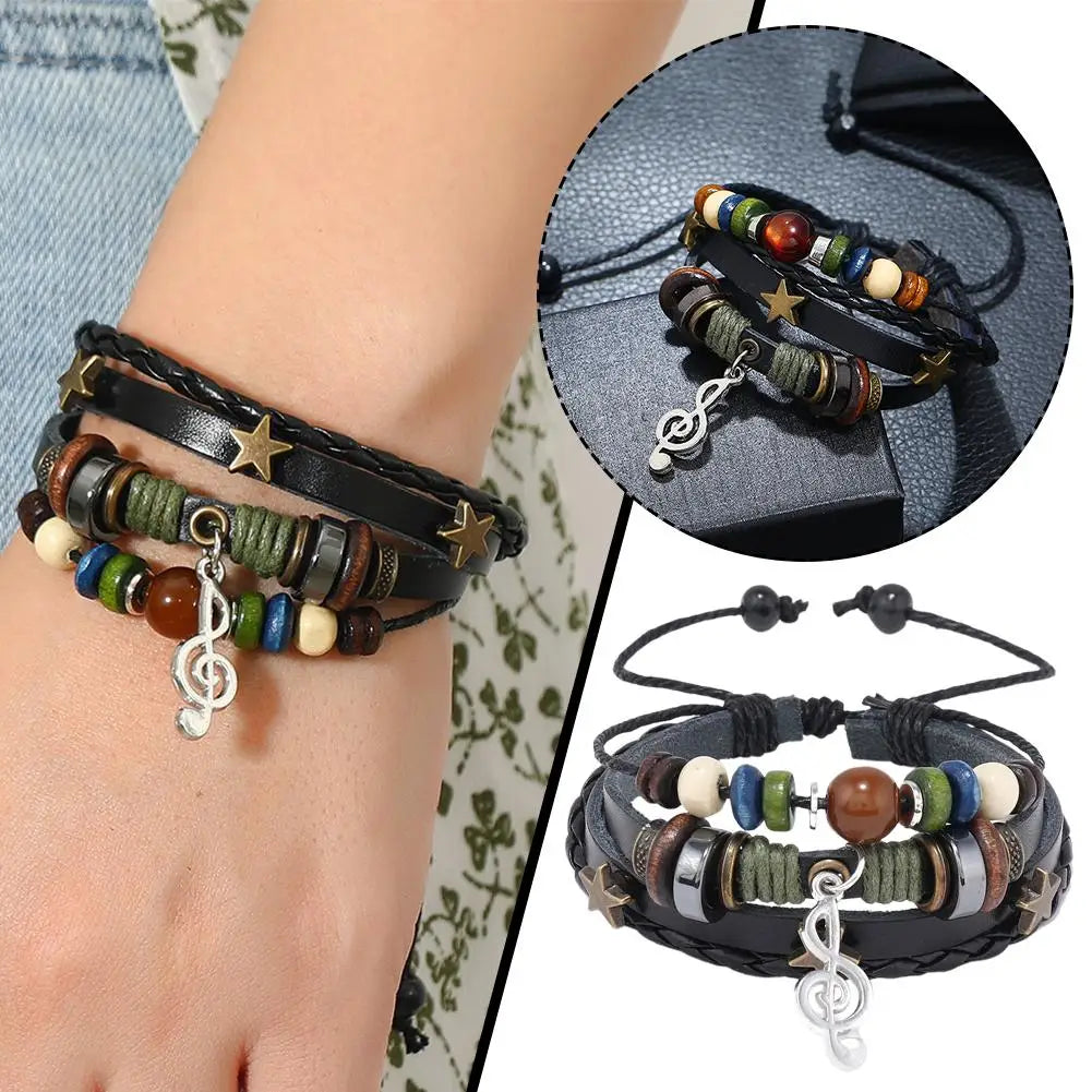 Handmade Hippie Brown Leather Bracelet – Metal Star Charm Leather Bracelet Qme A