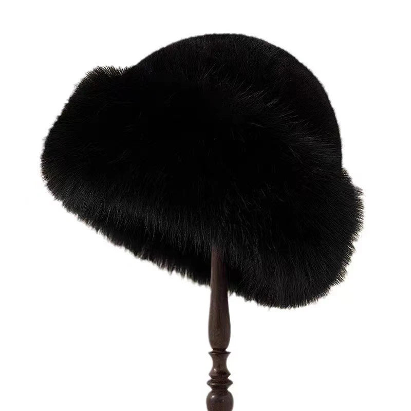 Women's Fluffy Mongolian Plush Hat – Warm Winter Fur Cap Winter Fur Hat Qst Black