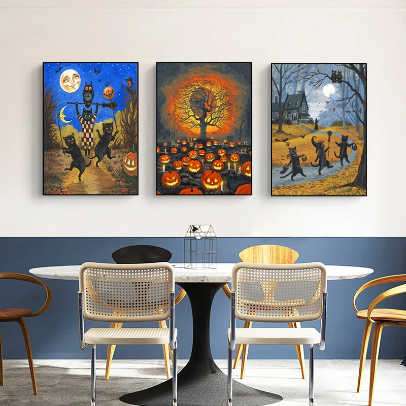 Halloween Black Cat Witch Owl Vintage Canvas Wall Art Poster Canvas Wall Art Qst