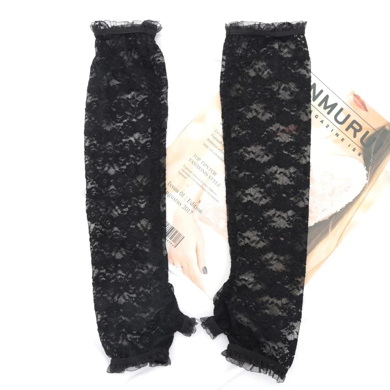 Women's Lace Fishnet Arm Sleeves | UV Fingerless Cuffs Lace Arm Sleeves Qme black length-40cm