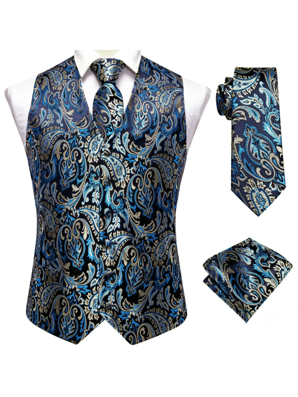 Men's Blue 3-Piece Suit Set – Vest, Tie & Pocket Square Men's Suit Set Qme