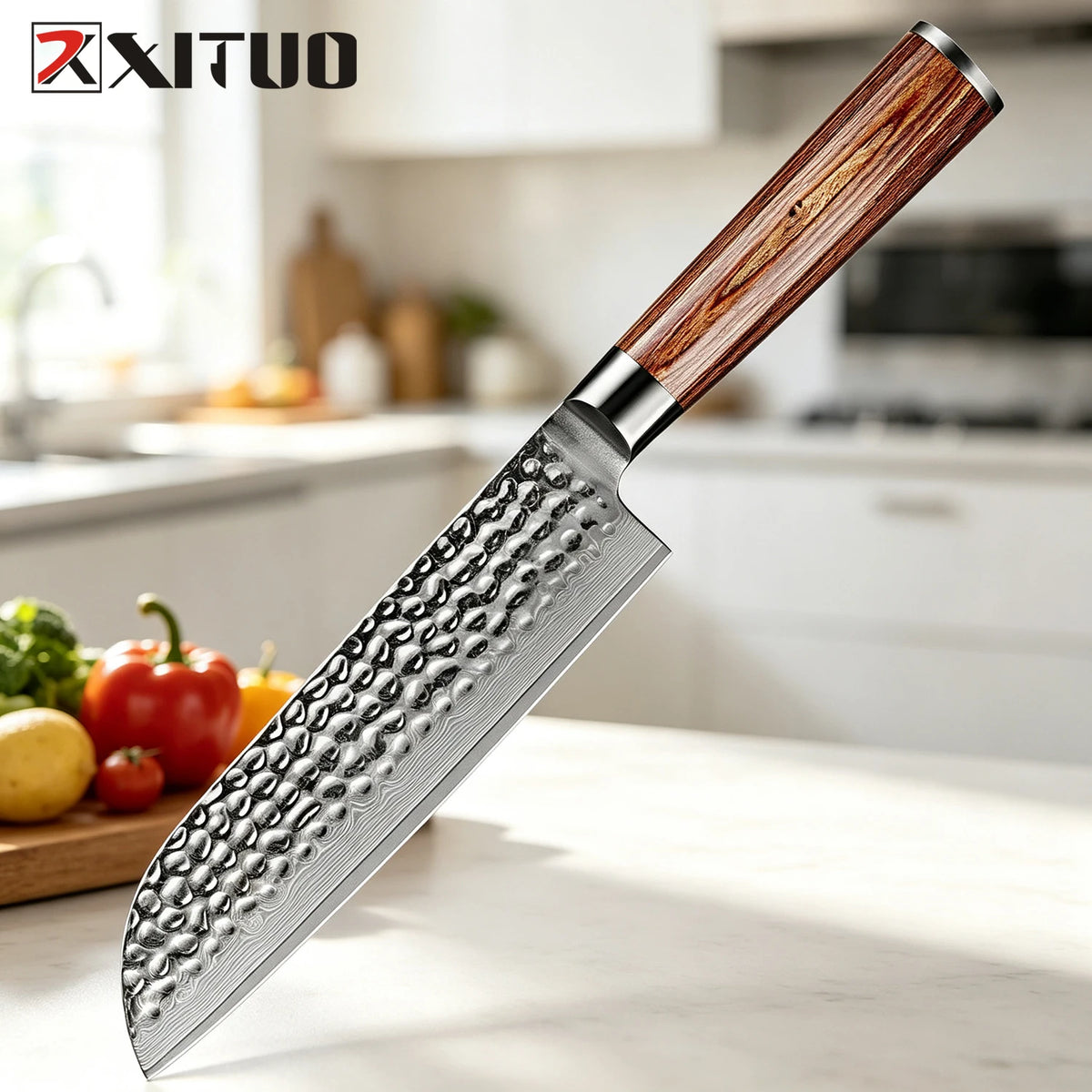 XITUO Damascus Steel Kitchen Knife Set – Gold Wood Handle Kitchen Knife Set Qst Santoku Knife