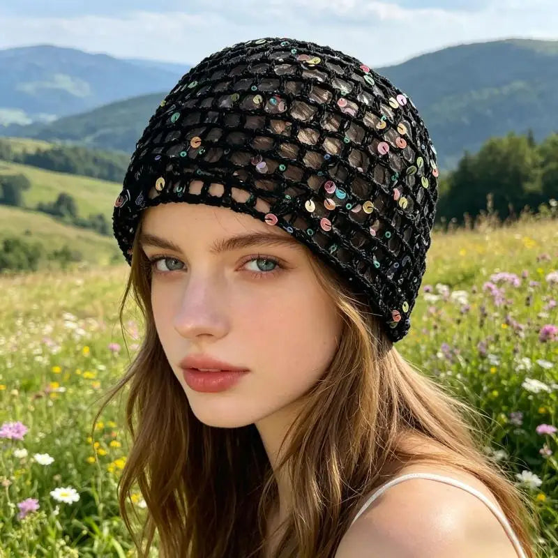 Women's Y2K Sequin Knitted Bucket Hat – Hollow Crochet Style Knitted Bucket Hat Qst Black