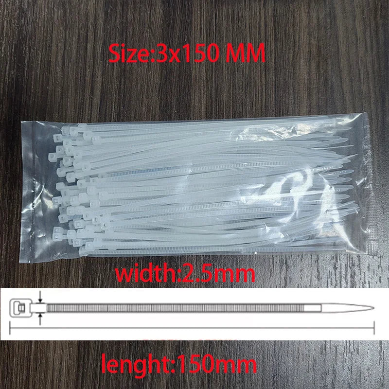 White PA66 Nylon Cable Ties 3x100 3x150 4x200 Self-Lock Zip Ties Nylon Cable Ties Qme size-3x150mm 100PCS