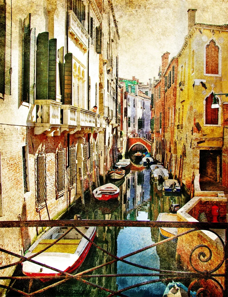 Retro Nostalgic Town Canvas Poster | Flowers Boats Bicycles Canvas Wall Art Qst 17 50x70cm Unframed