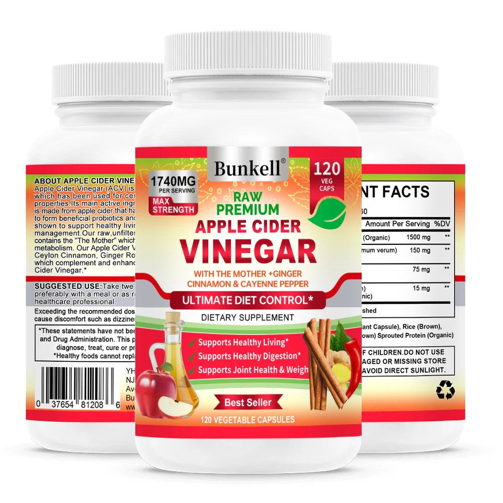 Apple Cider Vinegar Capsules 1740mg | Cinnamon Ginger Cayenne Dietary Supplement Qst