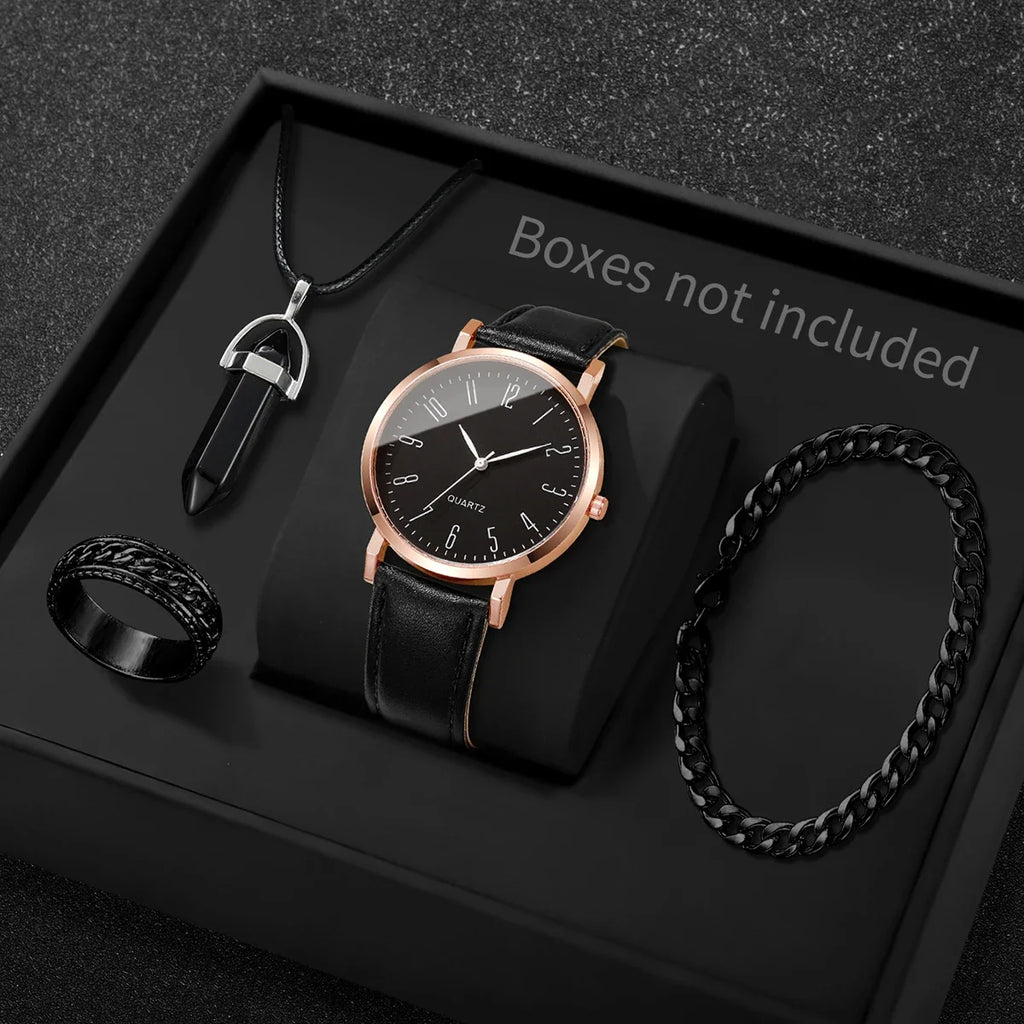 Men's 4-Piece Black Leather Quartz Watch & Jewelry Set Men's Jewelry Set Qme Black Without Box