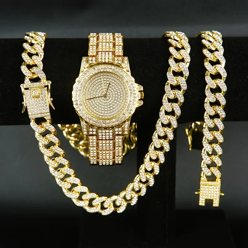Men's Rhinestone Watch Necklace Bracelet Set – 3-Piece Gift Jewelry Watch Set Qme