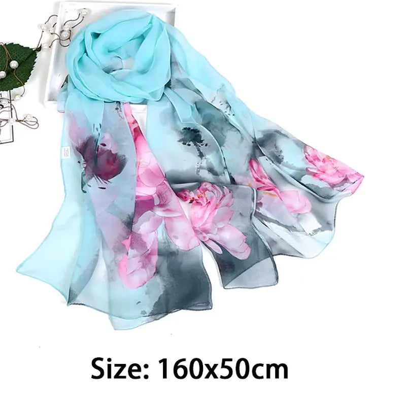 Lotus Print Chiffon Georgette Scarf – Sun-Protective Beach Wrap Chiffon Scarf Wrap Qme
