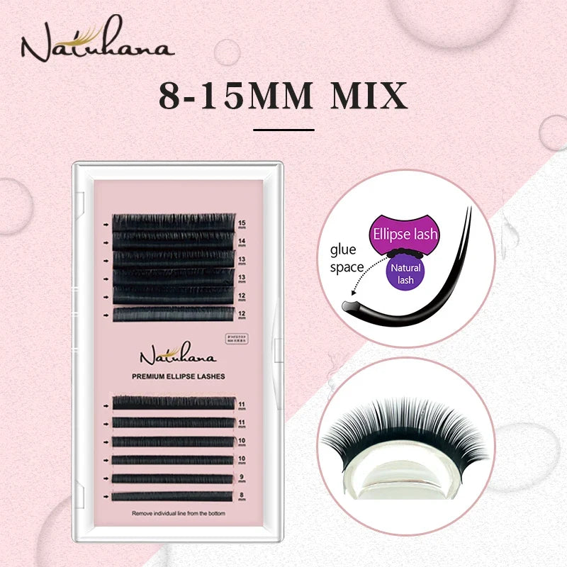 NATUHANA Ellipse Flat Eyelash Extensions | Split Tips, 3 Curls Eyelash Extensions Qme B 0.15MM 14mm