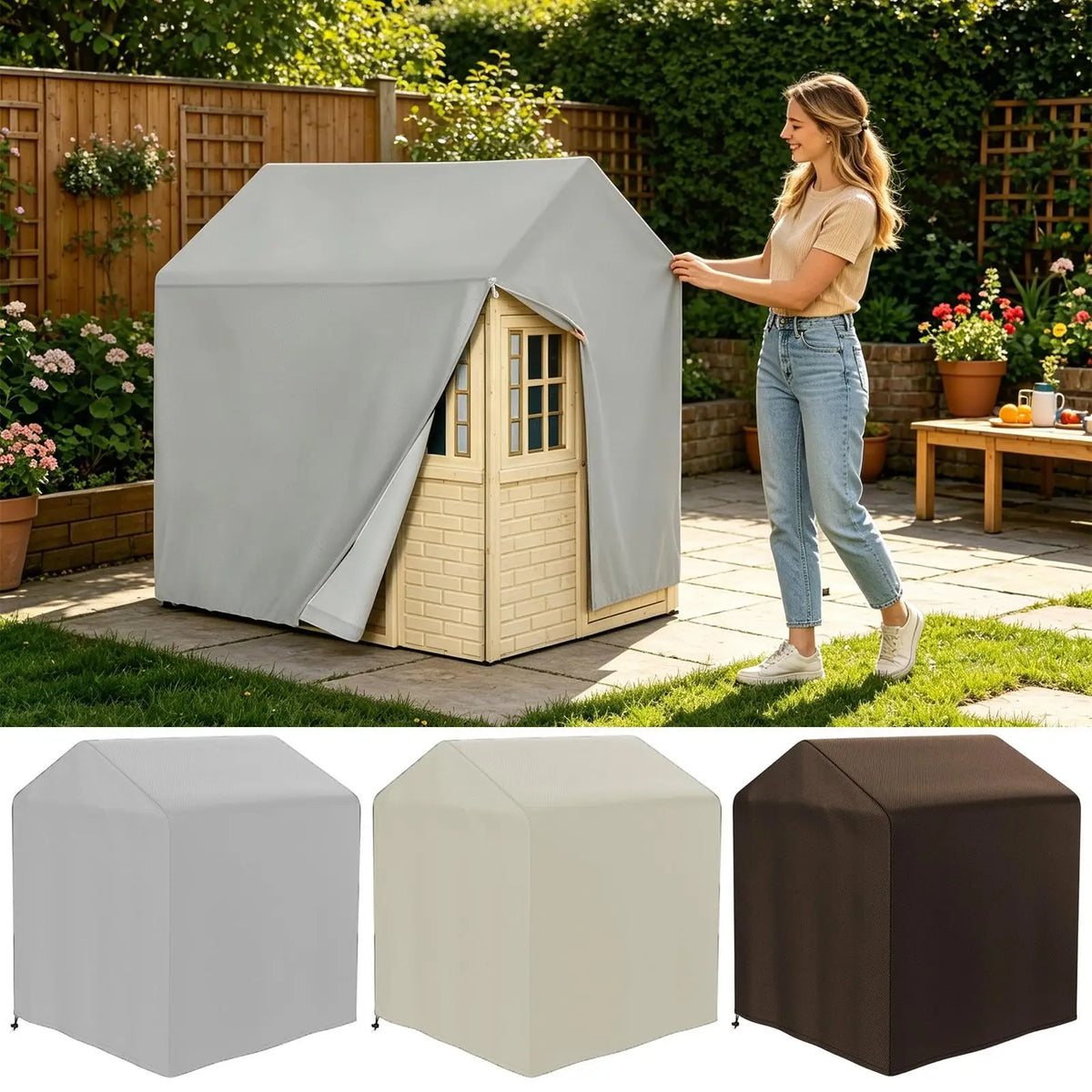 Playhouse Waterproof Tarp 210D Oxford Fabric Drawstring Cover Outdoor Playhouse Cover Qme