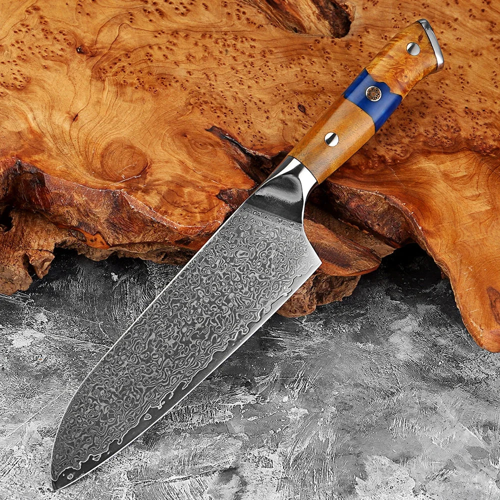 Xituo 7-Inch Damascus Santoku Knife – 67-Layer Steel & Blue Handle Santoku Knife Qst