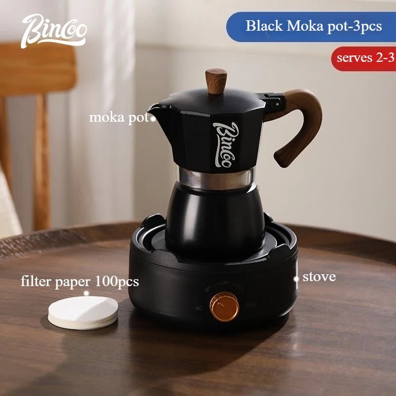 Bincoo Premium Moka Pot & Espresso Machine Set for Home Espresso Brewing Set Qst Black 3-cup 3pcs B