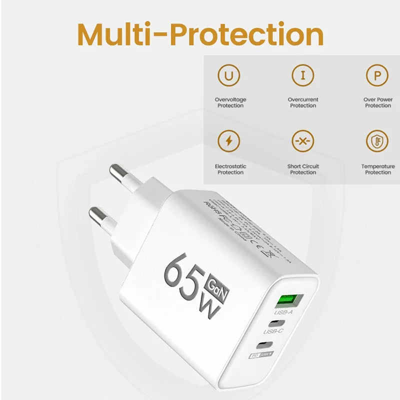65W GaN USB-C Fast Charger EU/US Plug – Quick Charge 3.0 USB-C Wall Charger Qst
