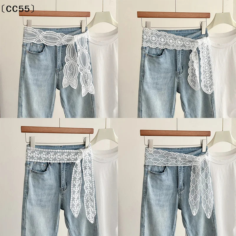 White Lace Mesh Embroidery Waist Belt for Women – Boho Style Lace Waist Belt Qst