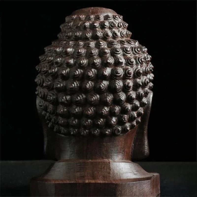 Wooden Buddha Head Figurine – Sakyamuni Tathagata Statue Decorative Figurine Qme