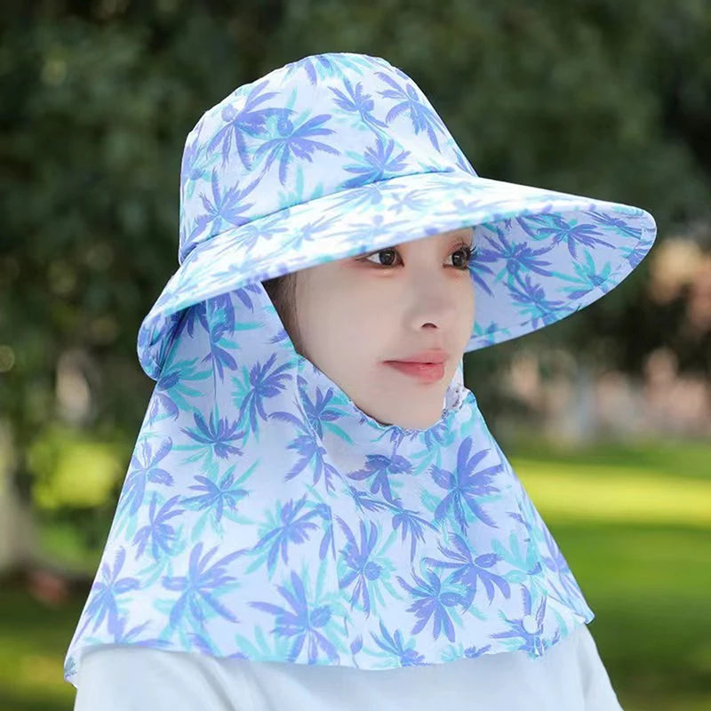Women's UV Protection Sun Hat with Removable Shawl | Foldable UV Sun Hat Qst Light blue