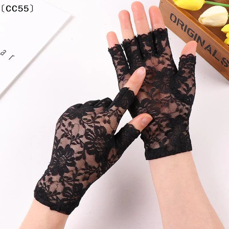 Women's Fingerless Lace Gloves – Breathable Fishnet Half Finger Fingerless Lace Gloves Qst