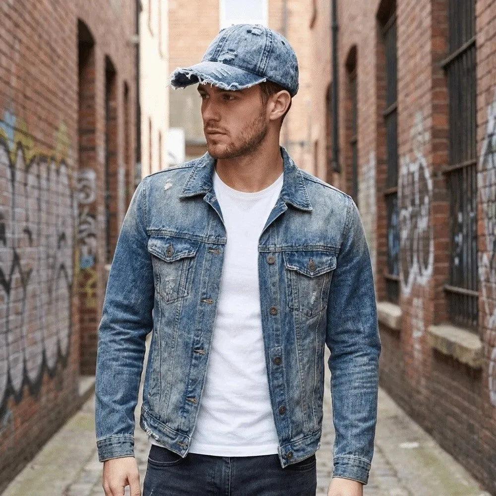 Vintage Washed Denim Baseball Cap – Distressed Frayed Fringe Denim Baseball Cap Qme