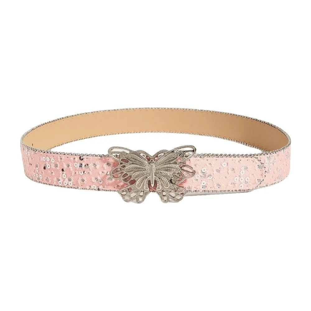 Sequin Butterfly Wide Belt – Y2K Punk Korean Denim Style Wide Fashion Belt Qme Pink