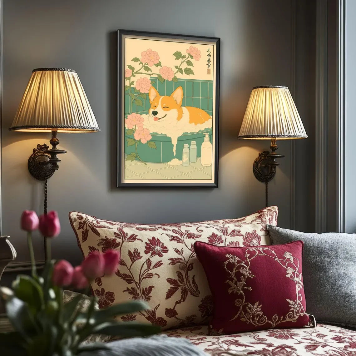 Ukiyo-e Corgi Bath Time Canvas Wall Art | Japanese Style Print Canvas Wall Art Qst