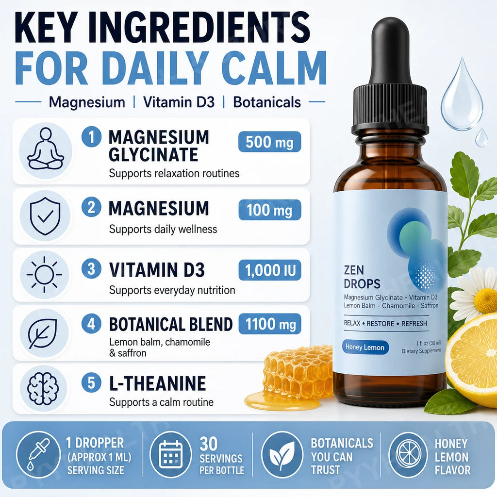 Magnesium Glycinate Liquid Drops – Vitamin D3, L-Theanine, Lemon Balm Liquid Supplement Drops Qst