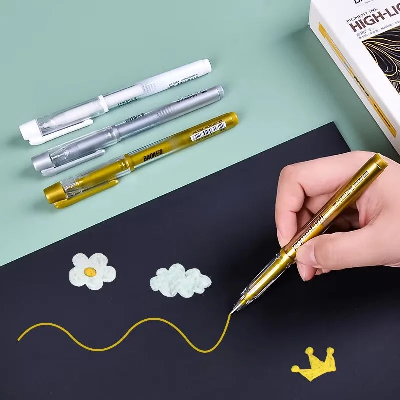 Metallic Gel Highlight Marker Pens – White, Gold & Silver Ink Metallic Gel Marker Pens Qme
