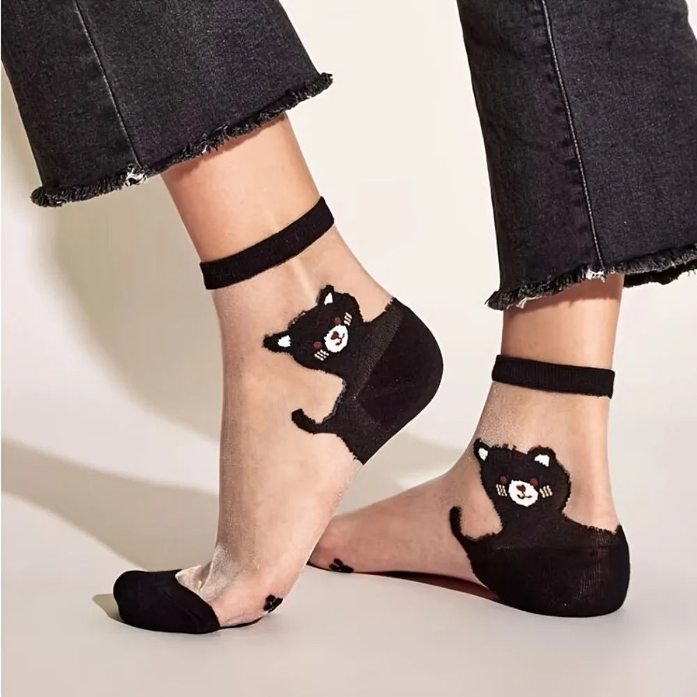 Women's Bear Pattern Sheer Crystal Silk Ankle Socks Sheer Novelty Socks Qme