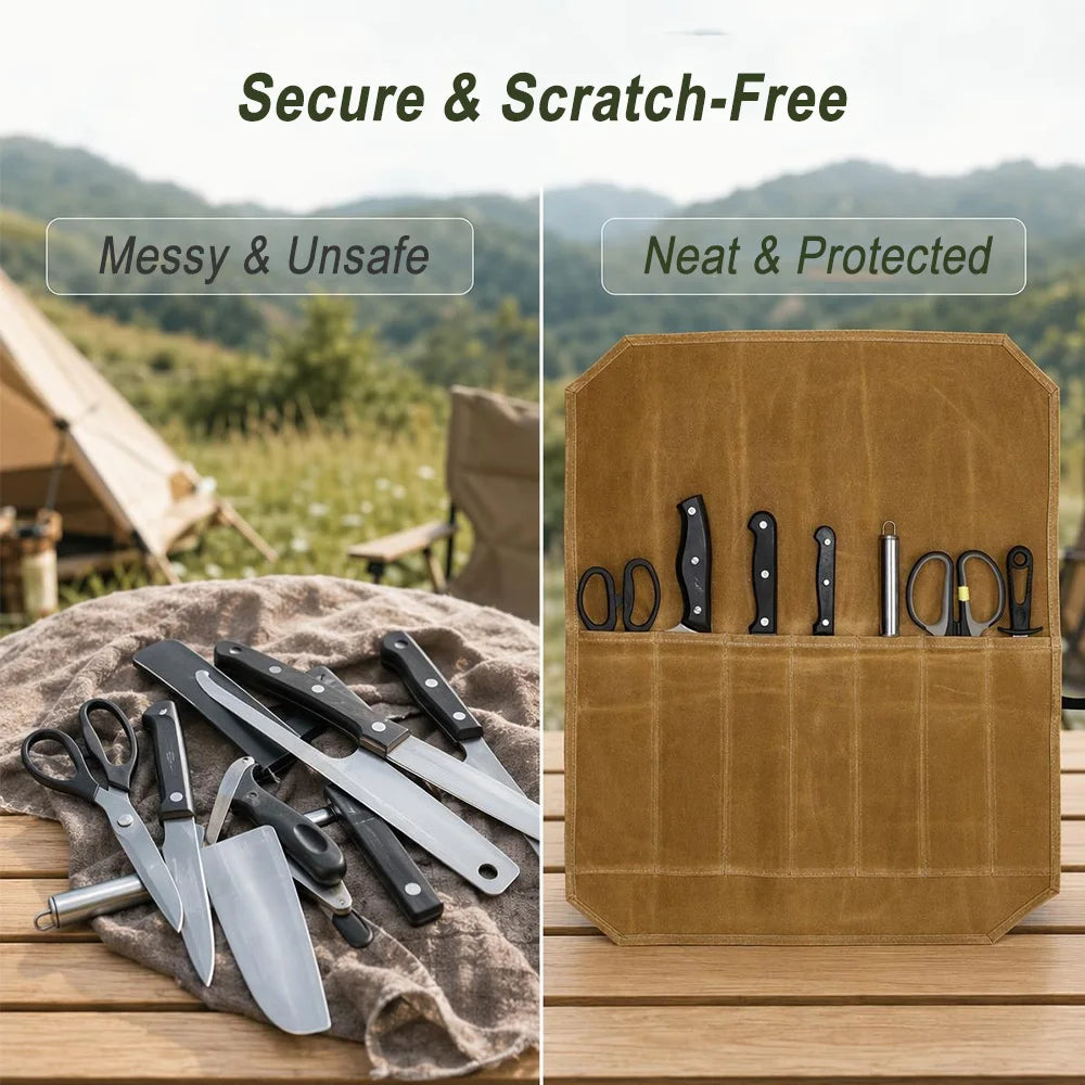 Portable Knife Roll Bag – 7-Slot Canvas Knife Storage for Camping Knife Roll Bag Qst