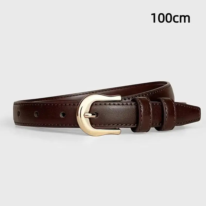 Women's 2cm PU Leather Belt – Western Metal Buckle Slim Fashion Belt Qst Brown1