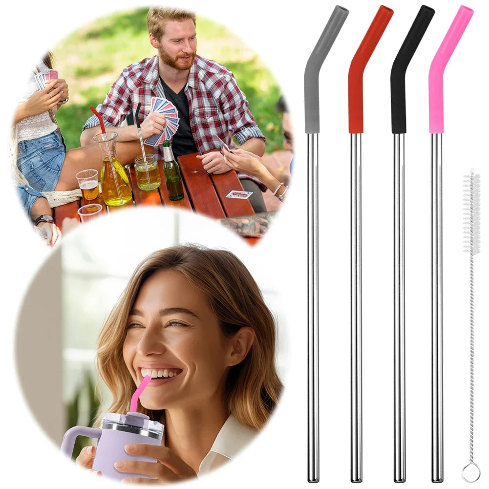 Stainless Steel Straws Silicone Tips & Cleaning Brush – 4pcs Set Reusable Metal Straws Qme
