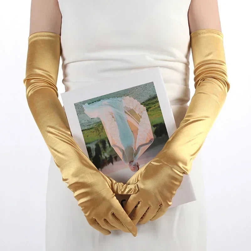 Women's Satin Long Opera Gloves – Ball, Stage & Cosplay Satin Opera Gloves Qme Gold 55cm