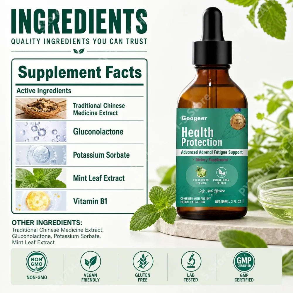 Adrenal Support Liquid Drops – Vitamin B1 & Mint Leaf 59ml Herbal Liquid Supplement Qst