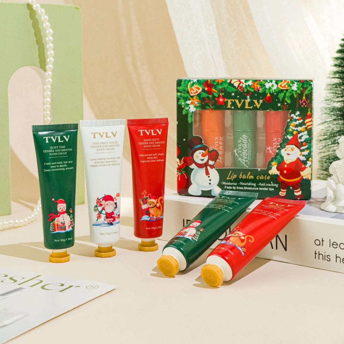 TVLV Moisturizing Hand Cream & Lip Balm Holiday Gift Set Skincare Gift Set Qst Red