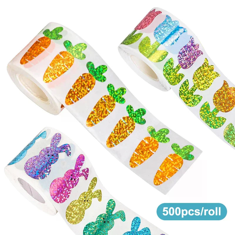 Holographic Easter Bunny & Carrot Stickers Roll – Waterproof Holiday Party Stickers Qme