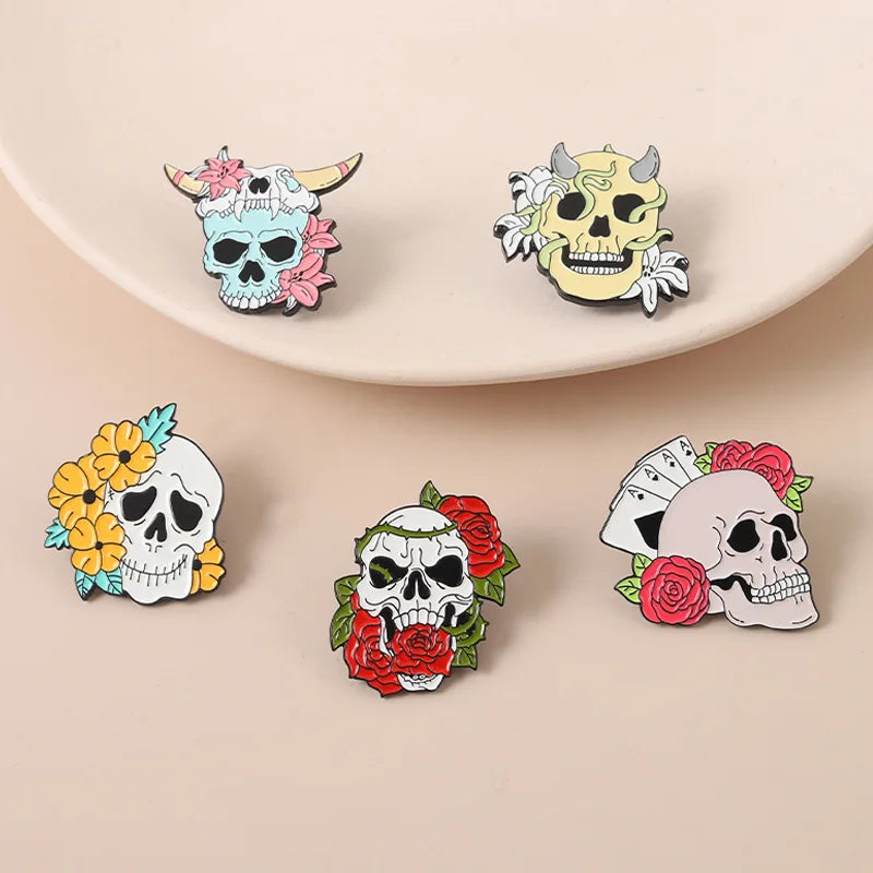 Flower Skeleton Skull Enamel Pin – Punk Lapel Brooch Badge Enamel Lapel Pin Qme