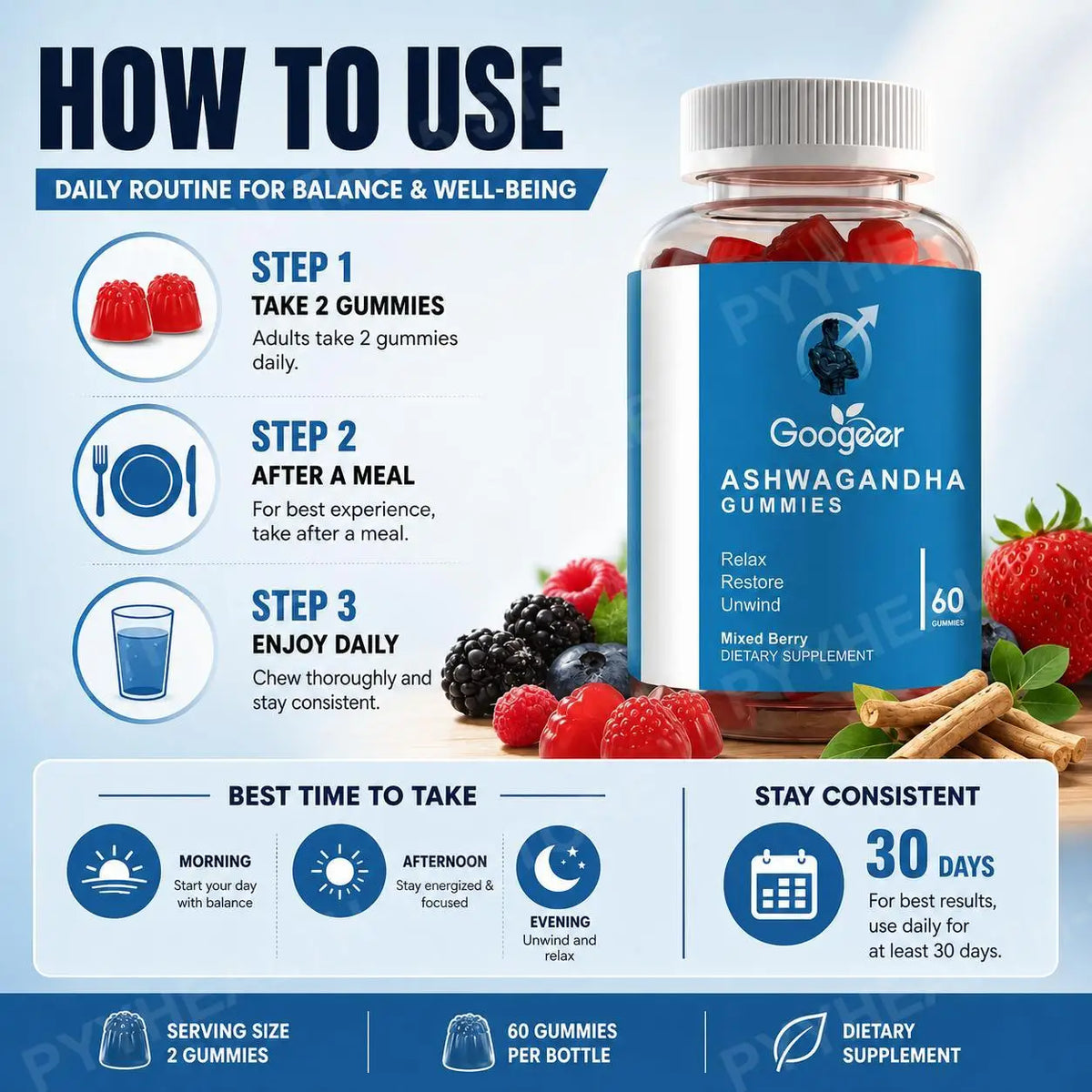 Ashwagandha Gummies Vitamin C B6 D2 Mixed Berry | 60 Count Herbal Supplement Gummies Qst