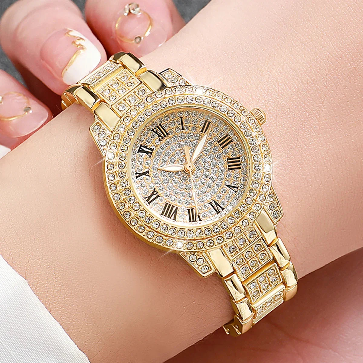 Women's Gold Rhinestone Watch Set – 2 Pcs Diamond Style Women's Watch Set Qme