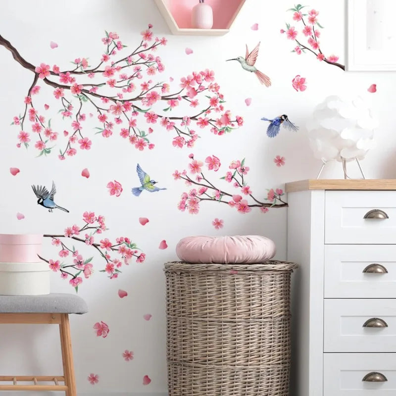 Large Cherry Blossom Wall Stickers – Pink Floral Tree & Birds Wall Decal Sticker Qme
