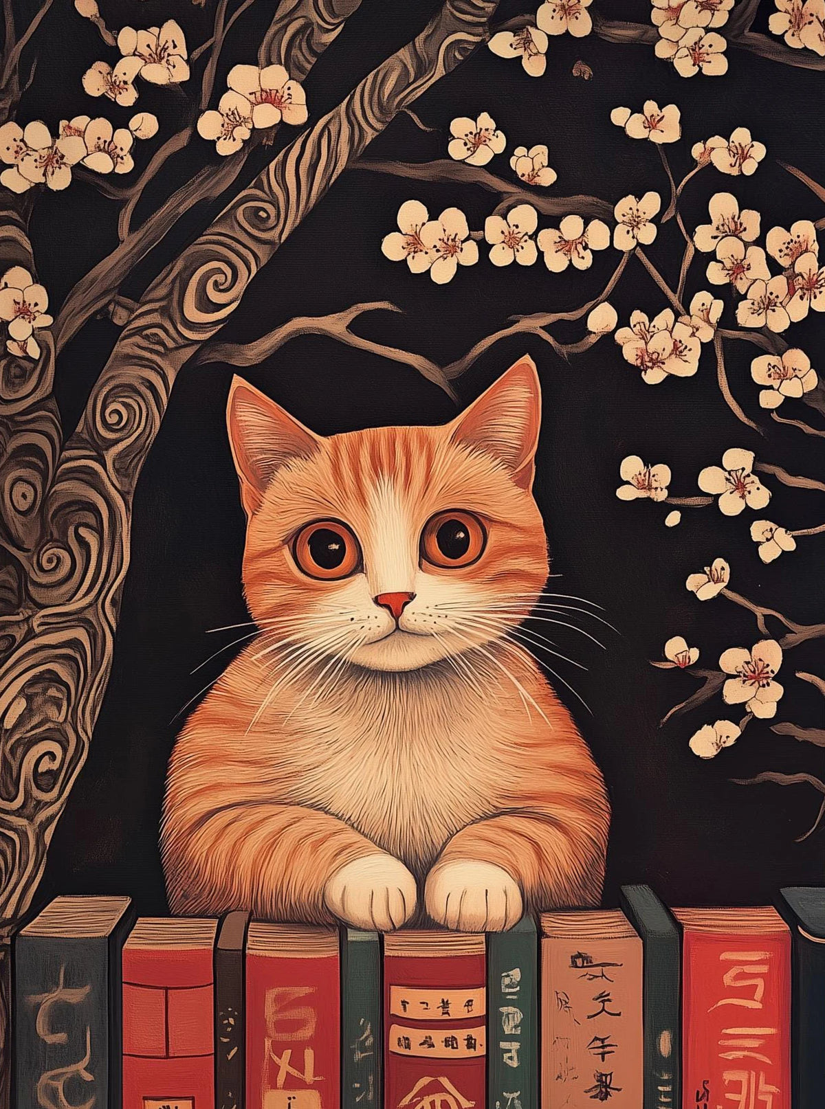 Japanese Black Cat Moon Canvas Wall Art – Retro Cartoon Poster